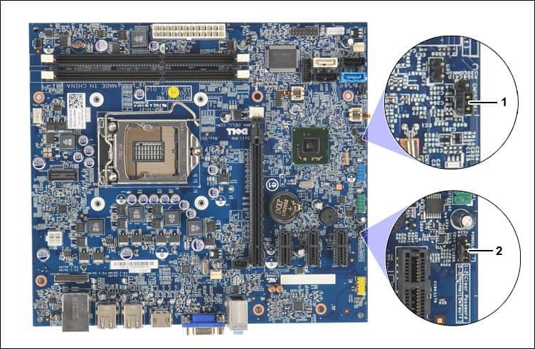 Example of BIOS reset jumpers on a Dell motherboard Example of BIOS reset jumpers on a Dell motherboard